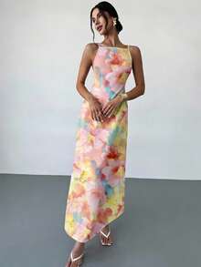 Vestido de verano suelto con estampado floral, tirantes finos y espalda descubierta, para vacaciones y días festivos, color amarillo mantequilla, vestidos de verano para mujer - Multicolor 2 - Ver 11