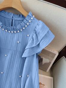 GlowEve CURVE Plus Size Women's Ruffled Collar Pearl Beaded Double-Layer Cap Sleeve Loose Dress, Textured Elegant Sweet Dress For Spring/Summer - Blue - View 4