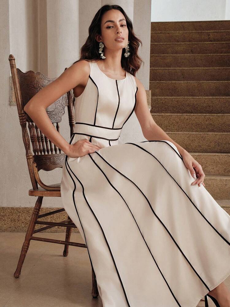Women's Round Neck Color Block Casual Minimalist Long Dress, Suitable For Party And Outing