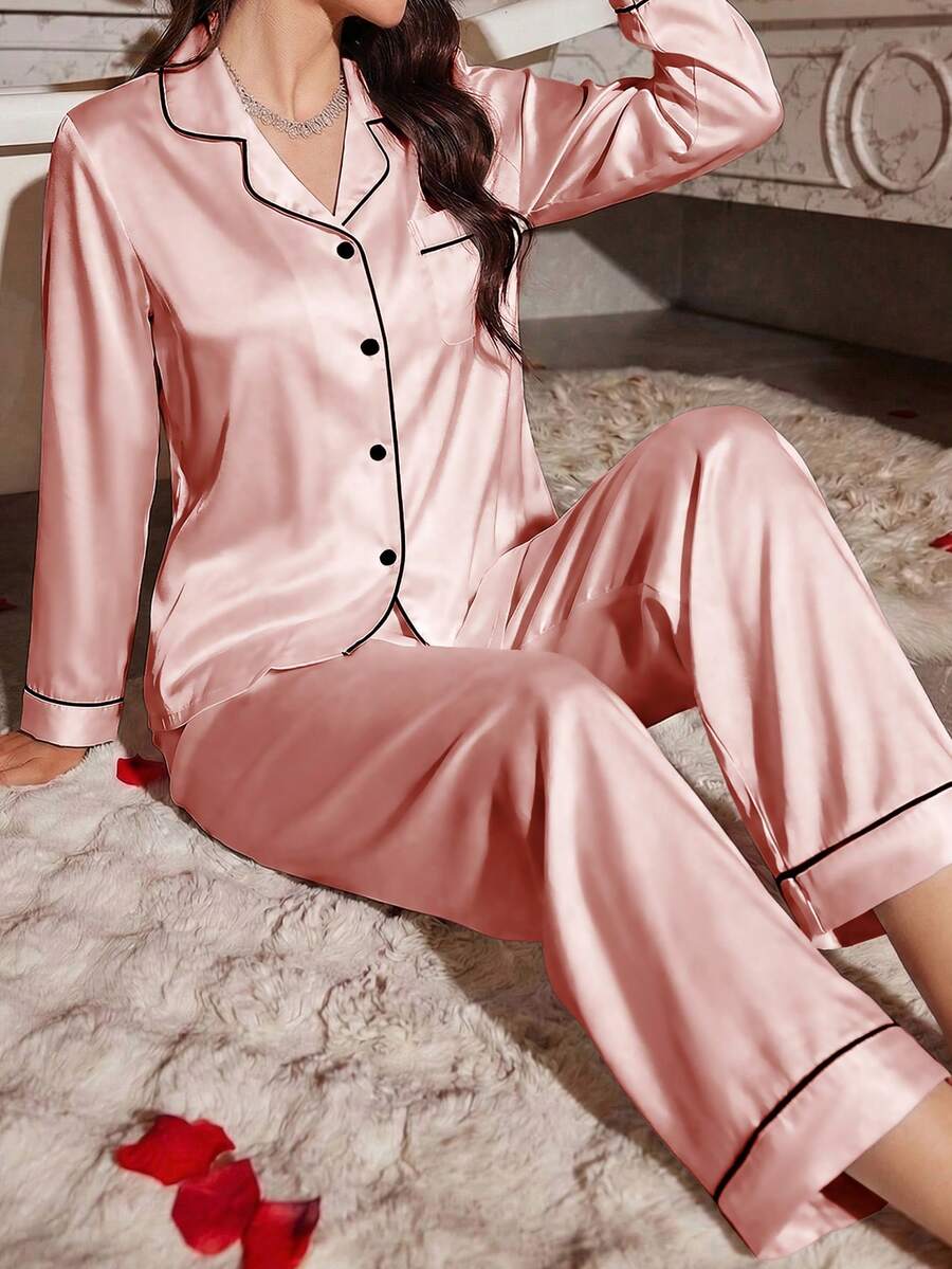 LuxeNights Contrast Piping Satin Pajama Set, Fall Winter Clothes Cozy And Elegant Details - Dusty Pink - View 1