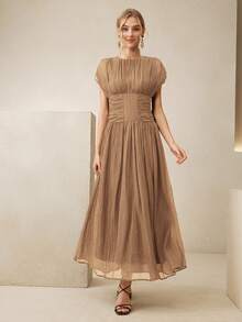 Anewsta Elegant Modern Textured Waist Ruched Dress For Women - Khaki - View 4