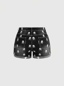 ROMWE Grunge Punk Y2K Vintage Dödskalle Mönstrade Plus Size Jeansshorts - Svart - Visa 2