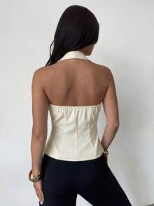Mulvari Áo blazer nữ màu mơ dệt kim không tay, cổ yếm, eo xếp ly, dáng chữ A, cài cúc, thanh lịch, lãng mạn, thích hợp cho mùa xuân/hè. - Màu be - Xem 2