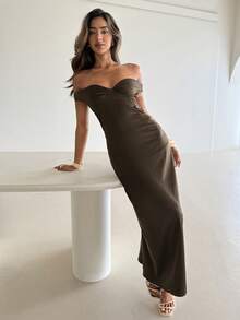 Aloruh Women's Elegant Sexy Elegant Off-Shoulder Maxi A-Line Dress,Dark Brown Open Back Bowknot Strapless Dress,Seductive Summer Day Party Date Night Wedding - Coffee Brown - View 3