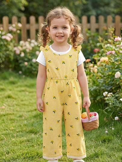 Genkimix Kids Bộ áo vest họa tiết chanh và anh đào dễ thương cho bé gái, có nơ cài sau lưng, eo ôm, ống rộng, kiểu dáng thoải mái, hoàn hảo cho những kỳ nghỉ xuân hè ở bãi biển và trang phục đi biển.