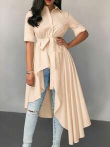 EMERY ROSE Long Casual Shirt With Draped Tail Design For Women - Khaki - View 4