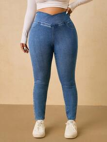 SHEIN Tall CURVE 大码女式不对称腰身休闲紧身牛仔裤 - 中等水洗藍 - 查看 3