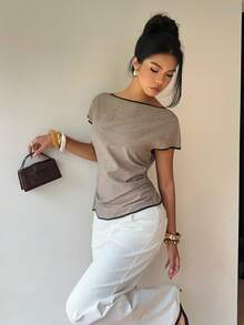 Siren Gaze Women's New Fashion Commuter Style Waist Ruched Asymmetric Hem Short Sleeve Pullover Blouse, Elegant Ladies Shirt Ruched Waist Top,Summer Top - Apricot - View 9