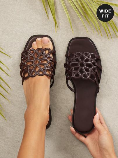 SHUZIA Dép lê nữ UrbanLuxe dáng rộng, mũi vuông hiện đại, thiết kế rỗng nghệ thuật, chất liệu da PU giả da, màu cà phê – Thanh lịch, tối giản và sang trọng cho mọi dịp.