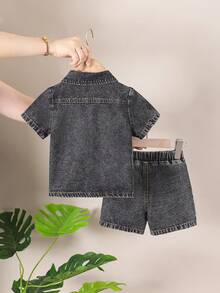 Áo sơ mi denim cổ bẻ cho bé trai, bộ đồ denim bạc màu. - Màu Xám nhạt - Xem 2