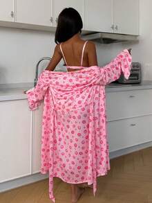 ZzzCrew 3件套荷叶边袖口红印花系带家居服睡袍套装，粉色 - 粉色 - 查看 2