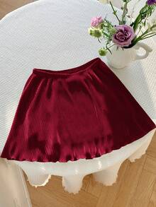 Comfortcana Plus Size Women Solid Color High Waist Ruffle Hem A-Line Skirt - Burgundy - View 5