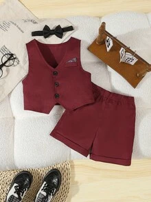 Bộ quần áo mùa hè mới cho bé trai, gồm áo sơ mi cài cúc đơn và quần short, thích hợp mặc ở nhà, đi chơi, dự tiệc sinh nhật, lễ rửa tội, sinh nhật lần thứ nhất, tiệc chiêu đãi, đám cưới và các dịp khác. - Màu Đỏ Sâu - Xem 4