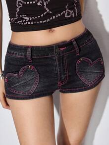 ROMWE Quần short denim nữ tính phong cách retro Y2K phối màu tương phản với họa tiết trái tim và đinh tán trang trí, quần jean mini cạp siêu thấp dành cho nữ. - màu đen - Xem 7