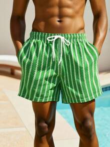 Azuldrift 男士条纹抽绳腰带口袋沙滩短裤 - 綠色 - 查看 5