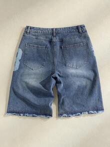 SpongeBob SquarePants | SHEIN Men's Graphic & Letter Print Frayed Edge Slant Pocket Denim Shorts - Blue - View 2