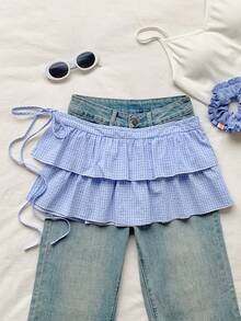 Comfortcana 女士格子百褶休闲百搭日常迷你裙 - 藍色 - 查看 6