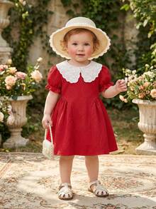 SHEIN Baby Girls' Ruffle Collar Puff Sleeve A-Line Dress Red And White Summer Cute Elegant Birthday Party Gown With Side Pleats Infant Fashion Photo Shoot - Red - View 10