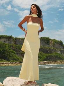 Opulessa Knitted Mesh Printed Fitted Dress For Women,Summer Dress,Vacation Dress - Light Yellow - View 6