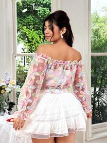 SHEIN Clasi Romantic Date  Plus Size Women's Sweet French Style 3D Floral Mesh Off Shoulder Short Blouse - Multicolor - View 2
