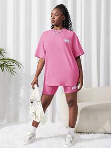 SHEIN 2pcs/Set Teen Girl Knitted Solid Color T-Shirt And Shorts Set - Hot Pink - View 6
