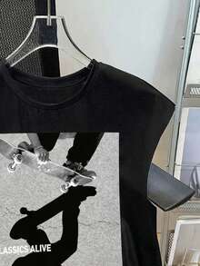 SHEIN 男童新款休闲简约街头Y2K风格滑板印花酷炫运动字母图案无袖背心，适合夏季穿着 - 黑色 - 查看 3