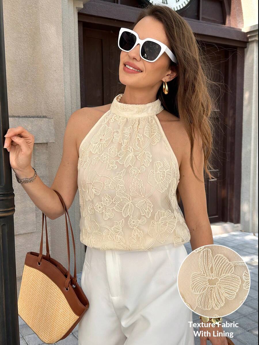 Solivie 女士度假休闲花卉刺绣吊带衫 黄色薄纱上衣 黄色吊带蕾丝双层无袖系带衬衫 3D花卉刺绣透明黄色衬衫 女士上衣和衬衫 女士春季服装 女士夏季服装 女士夏季上衣 女士蕾丝衬衫 - 杏色 - 查看 1