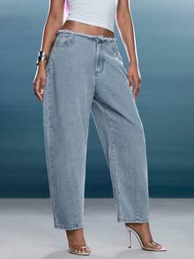 Denimoi 低腰毛边筒形牛仔裤，毛边腰部筒形裤腿牛仔裤，时尚牛仔布 - 淺色水洗藍 - 查看 7