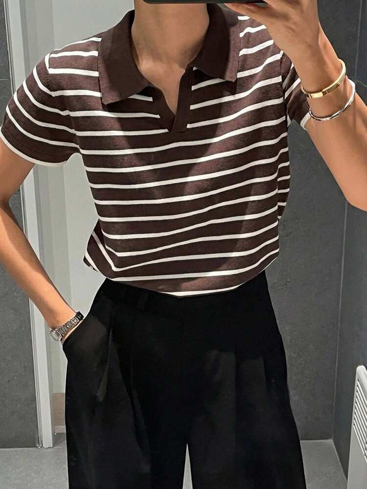 Women's Striped Collared Short Sleeve Sweater