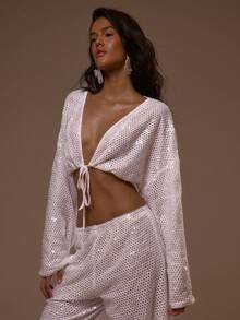 MUSERA Áo dài tay đính sequin cổ chữ V khoét sâu, buộc dây, phối đồ, thích hợp mặc mùa hè, xuân, gợi cảm, dễ thương, đi nghỉ mát, du lịch, đi chơi, phong cách Ibiza, thanh lịch, hoàng hôn, buộc dây - trắng - Xem 3