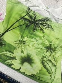 SHEIN 女士绿色花卉印花露背上衣，饰有椰子树风景印花。二合一设计，完美适用于度假、约会、下午茶、旅行、音乐节等各种场合，尽显波西米亚风情。 - 彩色 - 查看 5