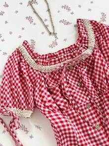 Flirla Women's Summer Plaid Print Square Collar, Lace Trim Chest Tie, Back Shirred Blouse Vacation Red And White Plaid Cute - Red - View 6
