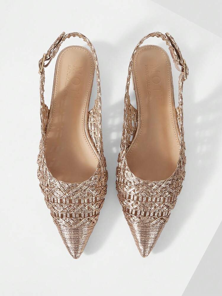 SPRING AND SUMMER GOLD DRAWSTRING ELECTRIC EMBROIDERY HOLLOW PATTERN POINTED HEAD SHORT HEEL BACK EMPTY SOLID COLOR ELEGANT SENIOR WOMEN'S HIGH HEEL SINGLE SHOES