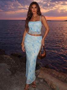 Allurite Conjunto de 2 piezas de top de cuello de halter y falda con estampado de teñido anudado para vacaciones en la playa de mujer - Azul - Ver 3