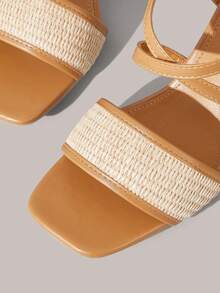 Styleloop Square Toe Thick Heel Beige Woven Fabric Criss-Cross Strap Women's High Heel Sandals, Outdoor Minimalist Breathable Comfortable Boho Chic French Style Music Festival Holiday Vacation Sandals Vacation Outfits Travel Essentials - Light brown - View 5