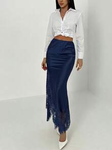 Aloruh Women's Lace Patchwork Casual Versatile Date Night Skirt - Blue - View 7