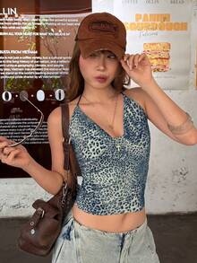Rina Fox Women's Leopard Print Sexy Fashion Halter Neck Camisole Animal Print Top Leopard Print Tanktop Halter Tank Top Y2k Tops - Multicolor - View 5