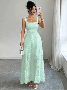 Elenzga Đầm dệt kim không tay cổ vuông mới, thiết kế hở lưng thắt nơ, đầm dự tiệc thanh lịch ôm dáng. - Màu xanh Bạc hà - Xem 7