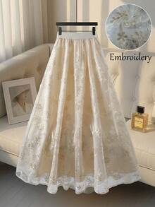 GlowEve CURVE Women's Elegant Delicate Heavy-Textured Mesh Double-Color Embroidered Floral Textured Elastic Waist Flared Skirt, Spring/Summer - Apricot - View 8