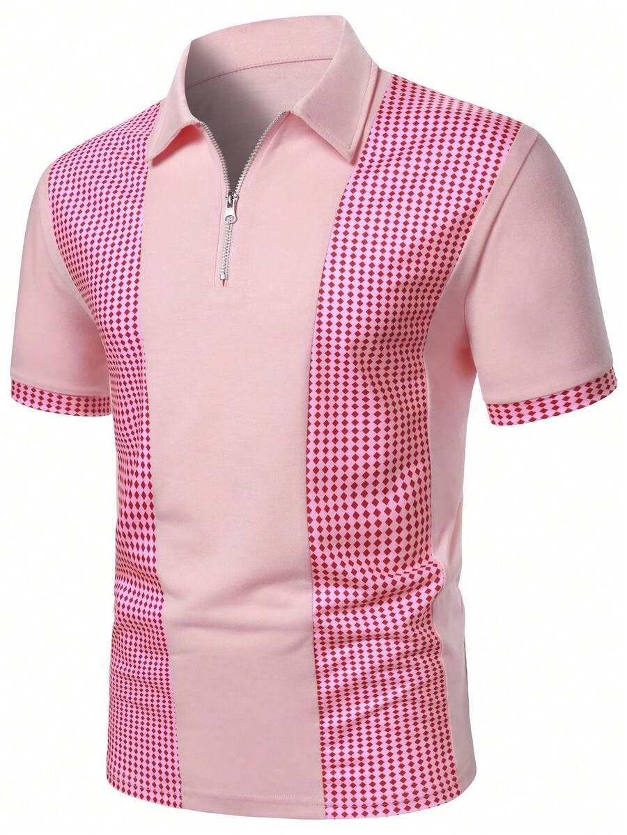 Manfinity Mode Áo polo nam tay ngắn, họa tiết hình học phối ghép, khóa kéo, thích hợp cho đi làm hàng ngày hoặc dự tiệc. - Đỏ - Xem 1