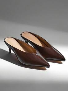 SHUZIA Giày mules nữ thời trang thoải mái, mũi nhọn, gót thấp, chất liệu PU bóng. - Màu nâu Sô-cô-la - Xem 1