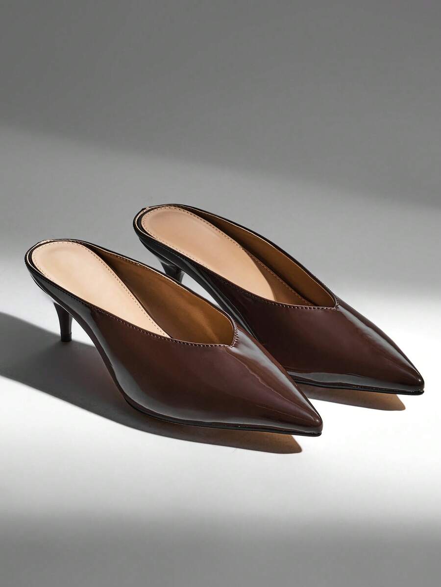 SHUZIA Giày mules nữ thời trang thoải mái, mũi nhọn, gót thấp, chất liệu PU bóng. - Màu nâu Sô-cô-la - Xem 1