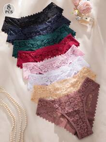 SHEIN 8 chiếc/Bộ quần lót ren gợi cảm lãng mạn cho nữ, đồ lót mỏng - Nhiều màu - Xem 3
