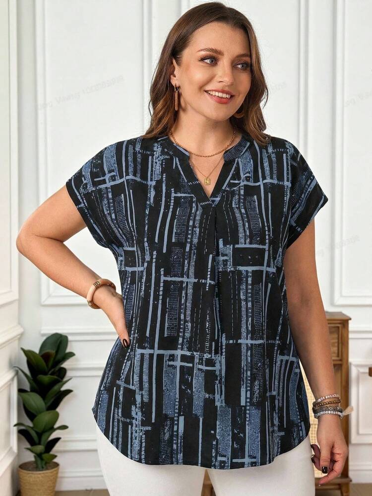 Plus Size Contrast Color Print Casual Short Sleeve Shirt