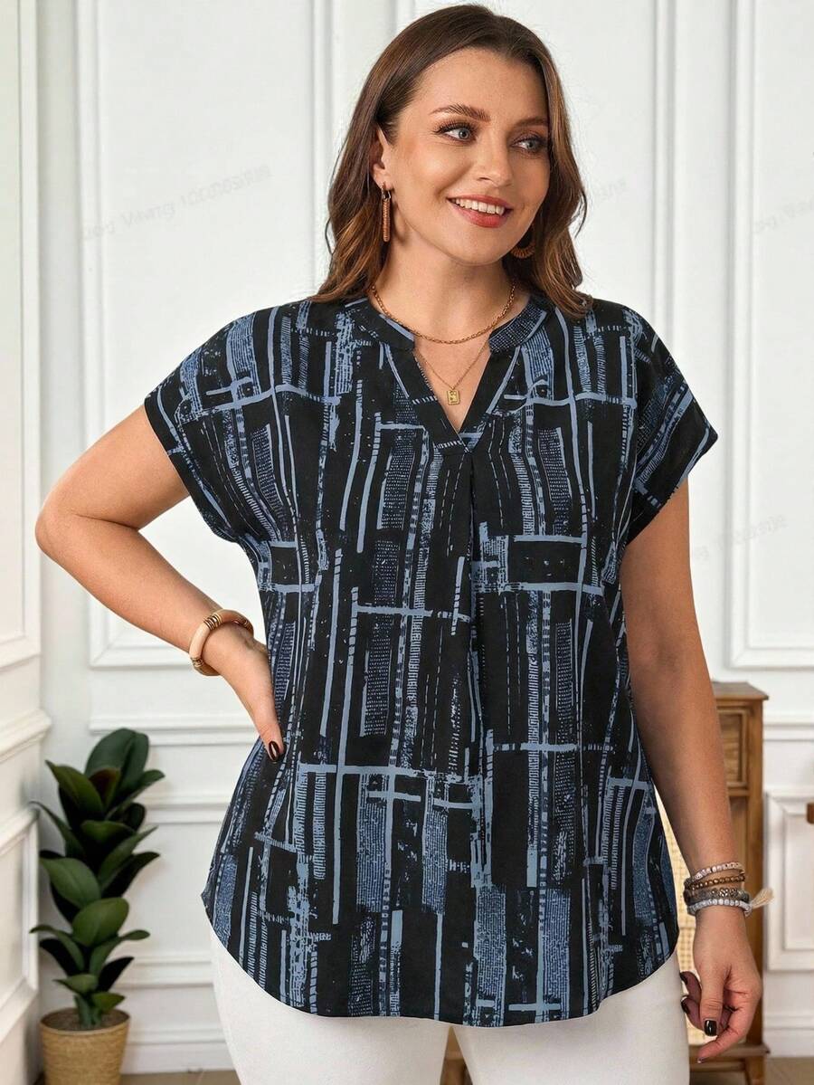 EMERY ROSE Plus Size Contrast Color Print Casual Short Sleeve Shirt - Blue - View 1