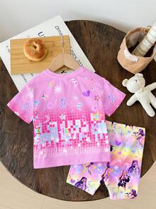SHEIN Baby Girl Casual Cartoon Print Round Neck Loose Short Sleeve T-Shirt And Skinny Bike Shorts Set, Suitable For Spring And Summer - Multicolor - View 6