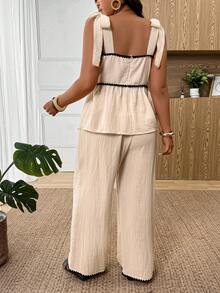 SHEIN Frenchy 大码女式撞色褶皱肩部打结设计上衣和阔腿裤休闲两件套 - 杏色 - 查看 3