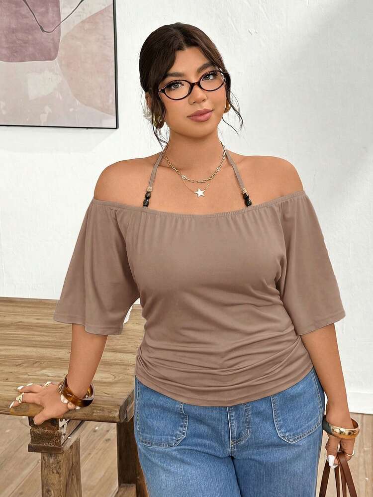 Camiseta negra de manga corta con diseño de lazo con cuentas para mujer de talla grande - Caqui - Añade 4