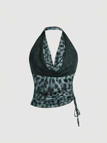 Aveloria GENKIRA Áo croptop dáng suông, bất đối xứng, xếp ly, ôm sát, gợi cảm, chất liệu vải lưới in họa tiết da báo ngẫu nhiên, dành cho nữ. - Màu xanh lam - Xem 2