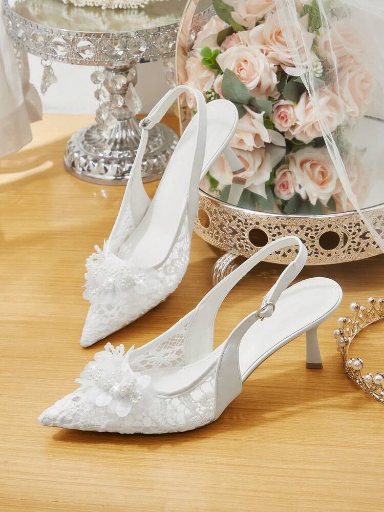CUCCOO HITCHD Women Shoes Spring And Summer Sexy Lace Pearl Flower Decoration Pointed Toe Thin Heel Slingback Buckle 7.5cm Women's High Heel Shoes Fairy Solid Color Mesh Breathable Daily Dating Wedding Banquet Evening Dress Matching